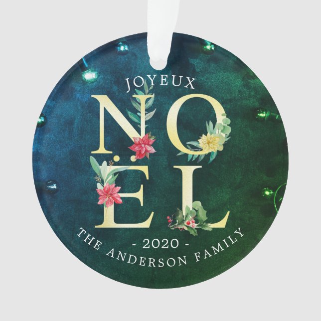 Joyeux Noel Merry Christmas Poinsettia Photo Decor Ornament (Front)