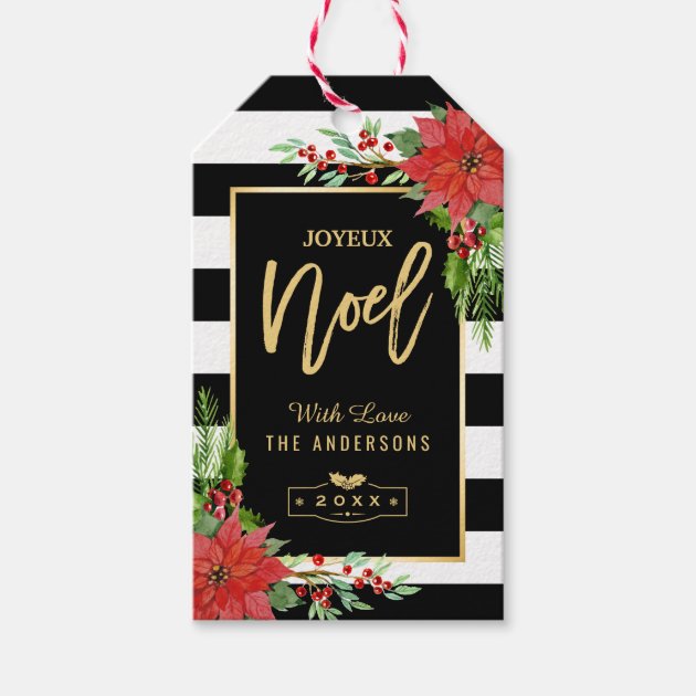 Joyeux Noel Merry Christmas Red Poinsettia Floral Gift Tags