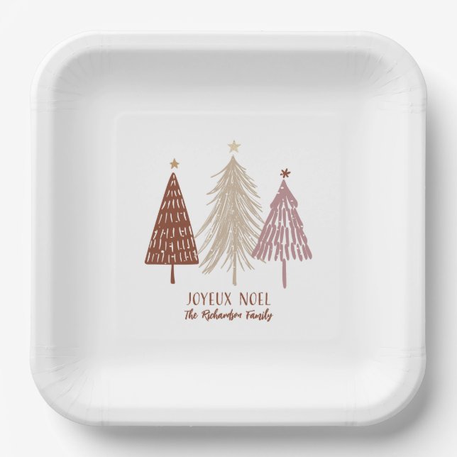 Joyeux Noel Merry Christmas Trees Holiday Elegant  Paper Plates (Front)