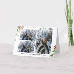 Joyeux Noel Modern Red Gold Berry Multi Photo Holiday Card