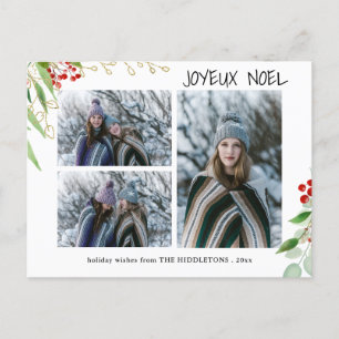 Joyeux Noel Modern Red Gold Berry Multi Photo Holiday Postcard
