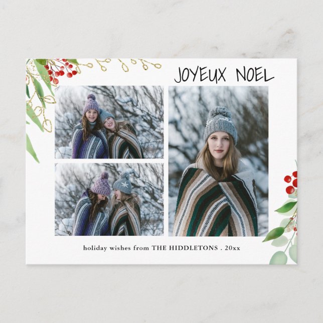 Joyeux Noel Modern Red Gold Berry | Multi Photo Holiday Postcard (Front)