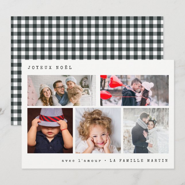 Joyeux Noel Photo Collage | Black Gingham Holiday Card (Front/Back)