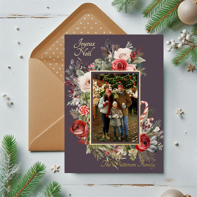 Joyeux Noël Photo Floral Foil French Foil Holiday Card (Creator Uploaded)