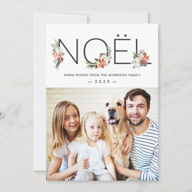 Joyeux Noel Poinsettia Floral Christmas Photo Holiday Card (Front)