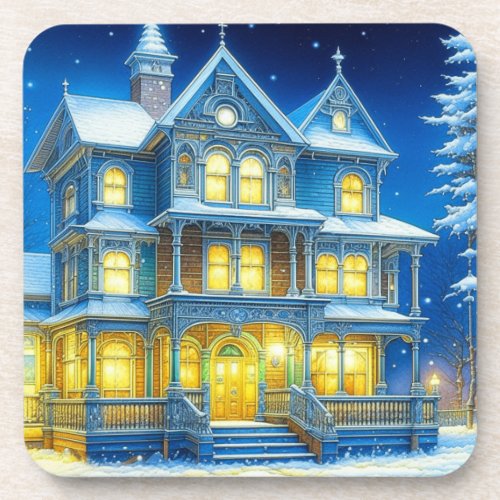 Joyeux Nol Pretty Blue Christmas House Beverage Coaster
