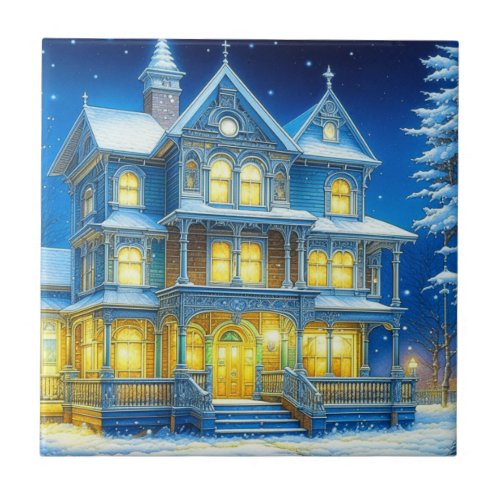 Joyeux Nol Pretty Blue Christmas House Ceramic Tile