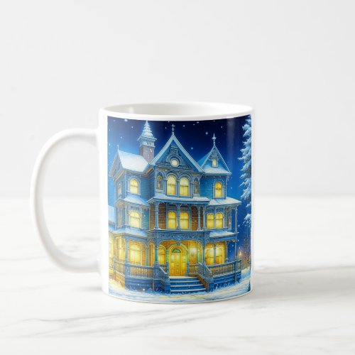 Joyeux Nol Pretty Blue Christmas House Coffee Mug
