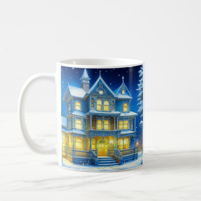 Joyeux Noël Pretty Blue Christmas House Coffee Mug (Left)