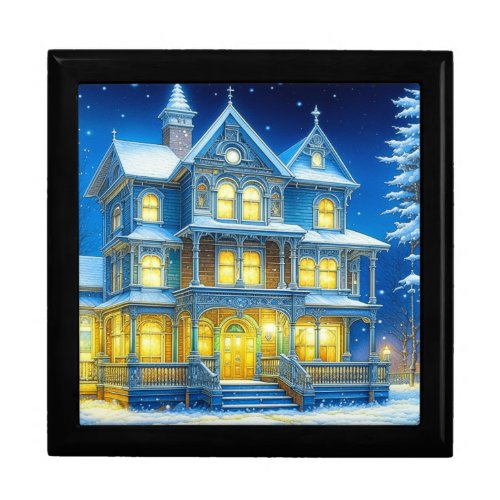 Joyeux Nol Pretty Blue Christmas House Gift Box