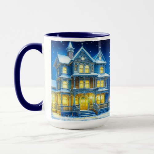 Joyeux Nol Pretty Blue Christmas House Mug