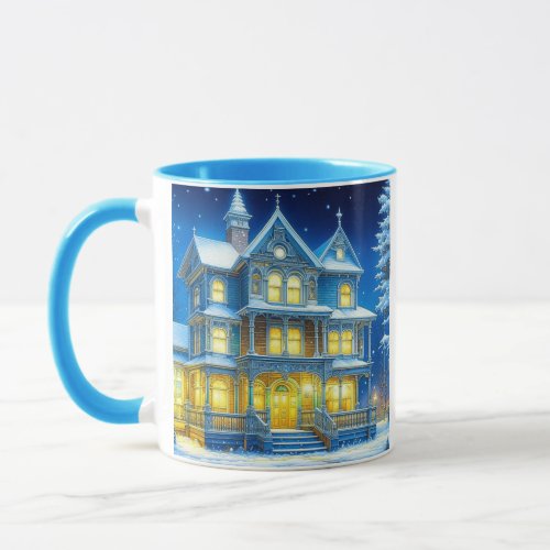 Joyeux Nol Pretty Blue Christmas House Mug