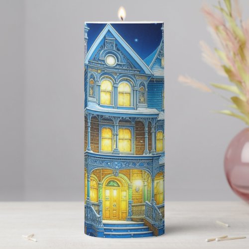 Joyeux Nol Pretty Blue Christmas House Pillar Candle