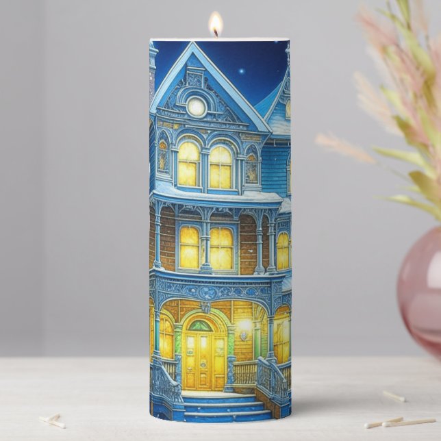 Joyeux Noël Pretty Blue Christmas House Pillar Candle (In Situ)