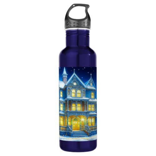 Joyeux Nol Pretty Blue Christmas House Stainless Steel Water Bottle
