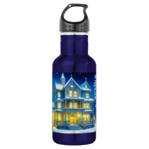Joyeux Noël Pretty Blue Christmas House Stainless Steel Water Bottle
