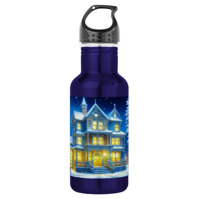 Joyeux Noël Pretty Blue Christmas House Stainless Steel Water Bottle (Front)