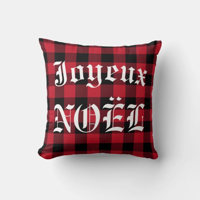 Joyeux Noel Red Black Buffalo Check Lumberjack Throw Pillow (Front)