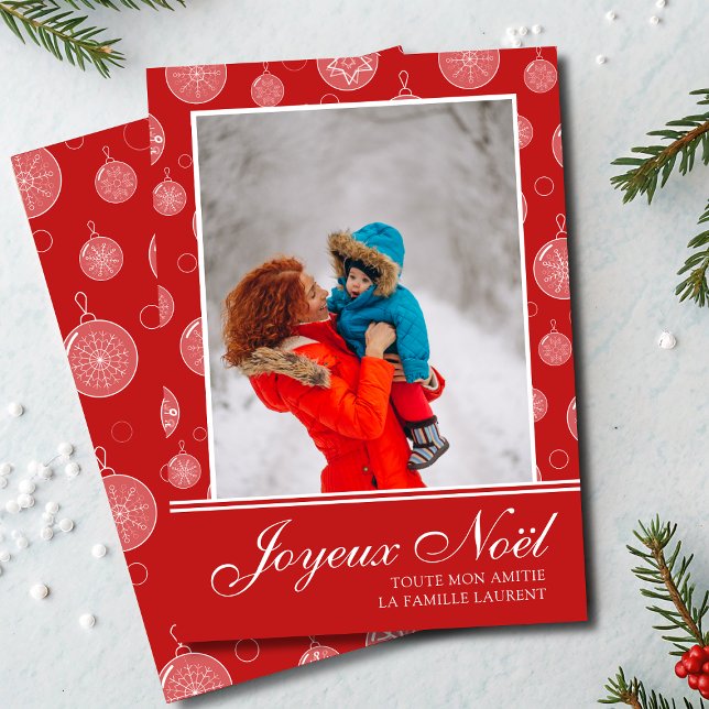 Joyeux Noël Red Christmas Decoration Photo  Holiday Card (Creator Uploaded)