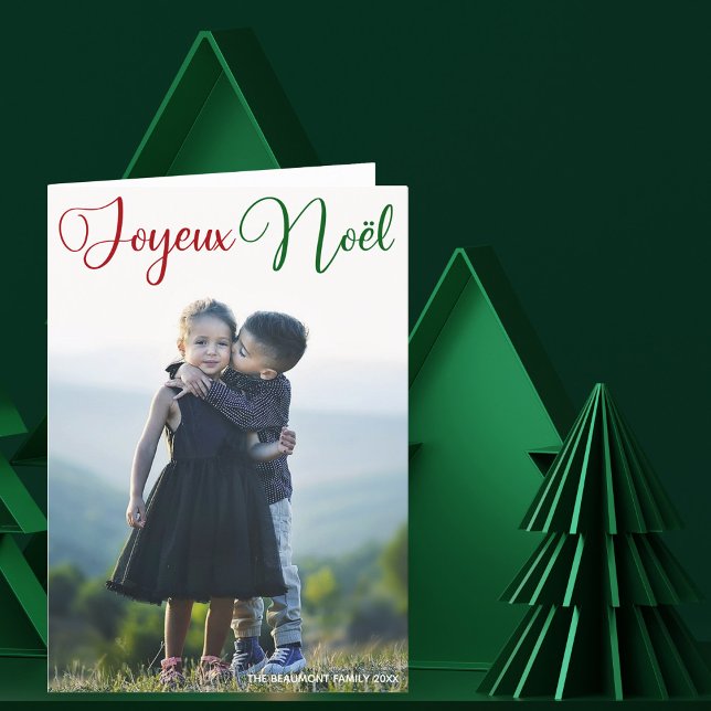 Joyeux Noël Red Green Script Folded Family Photo Holiday Card (Creator Uploaded)
