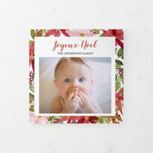 Joyeux Noel Red Poinsettia Flower Baby Multi Photo Tri-Fold Holiday Card