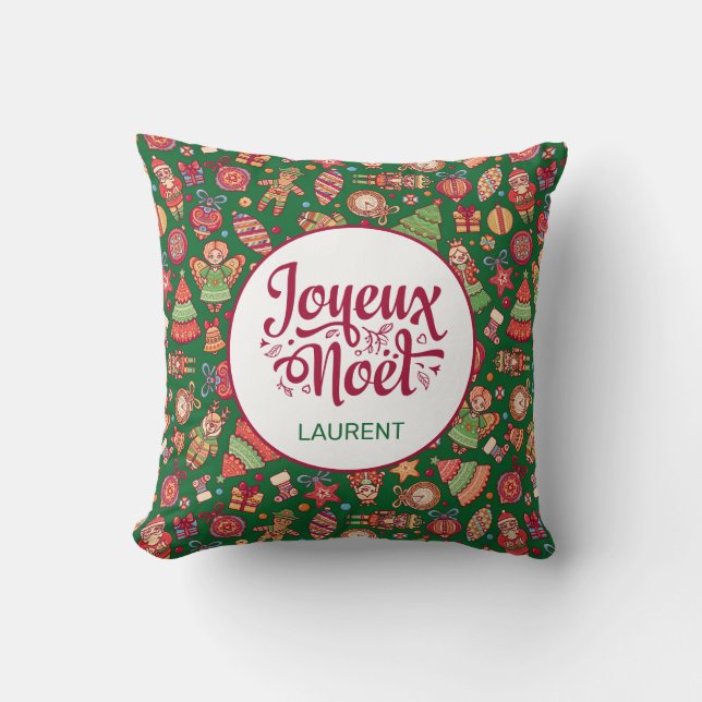 Joyeux Noel Retro Green Throw Pillow (Front)