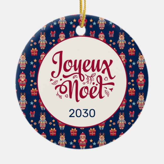 Joyeux Noel Retro Santa Blue Ceramic Ornament (Front)