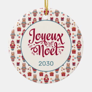 Joyeux Noel Retro Santa Cream Ceramic Ornament
