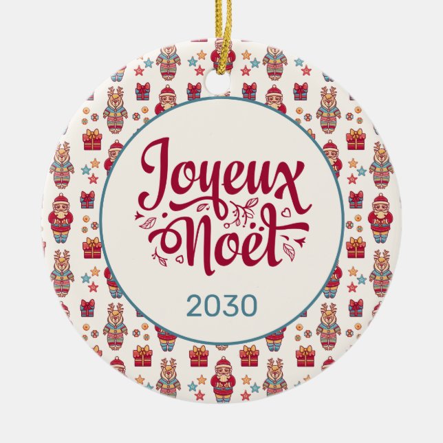 Joyeux Noel Retro Santa Cream Ceramic Ornament (Front)