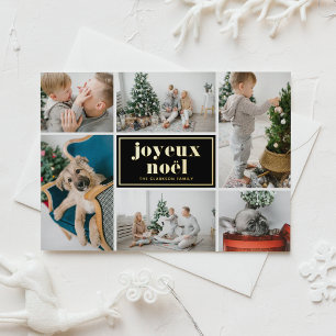 Joyeux Noël Retro Typography Black Photo Collage Foil Holiday Postcard