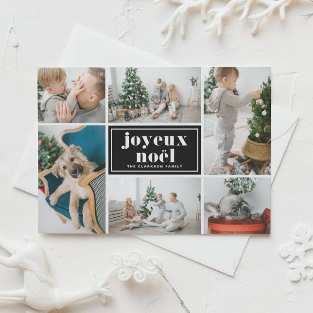 Joyeux Noël Retro Typography Black Photo Collage Holiday Postcard (Customizable photo collage holiday postcard featuring joyeux noël in retro bold typography.)