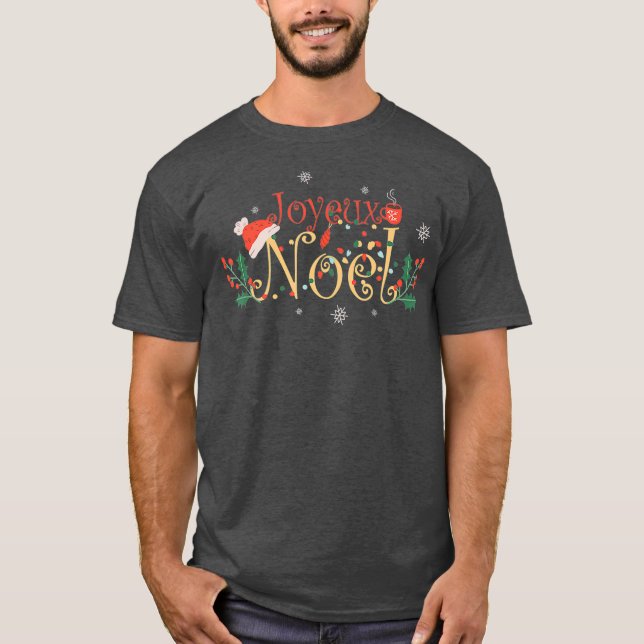 Joyeux Noel Santa Hat Coffee Tea Snowflakes T-Shirt (Front)