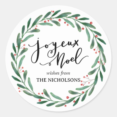 Joyeux Noel Simple Casual Script  Wreath Classic Round Sticker