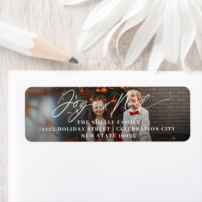 Joyeux Noel Simple Script Christmas Photo Addresss Label (Insitu)