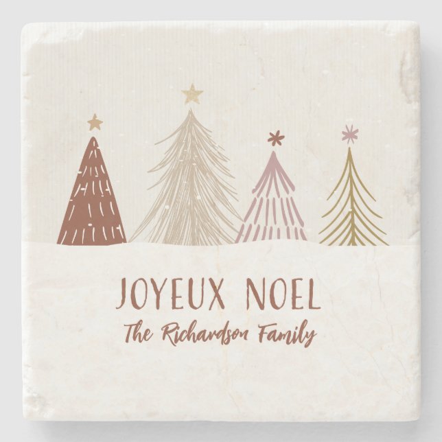 Joyeux Noel Snow Trees Red Gold Pink Square Stone Coaster (Front)