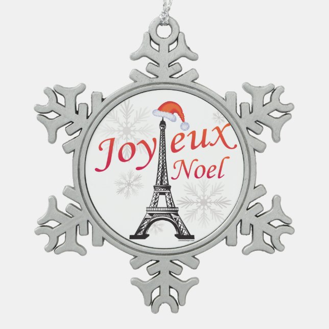 Joyeux Noel Snowflake Pewter Christmas Ornament (Front)