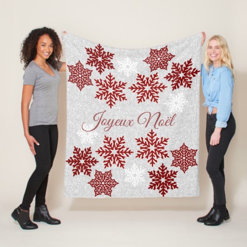 Joyeux Nol Sparkling Red Snowflakes  Fleece Blanket