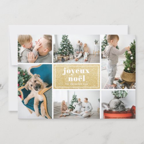 Joyeux Nol Typography Glitter Photo Collage Holiday Card