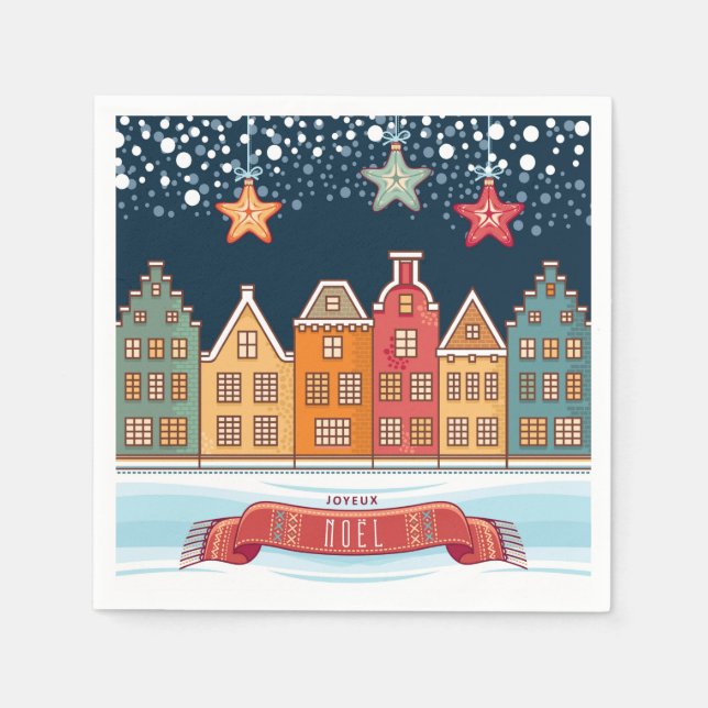 Joyeux Noel urban houses snow village illustration Napkins (Front)