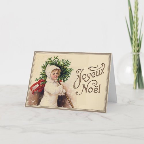 Joyeux Noel Vintage French Christmas Tree Girl Holiday Card