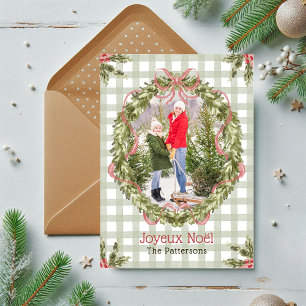 Joyeux Noël Watercolor Floral Bow Family Photo Holiday Card