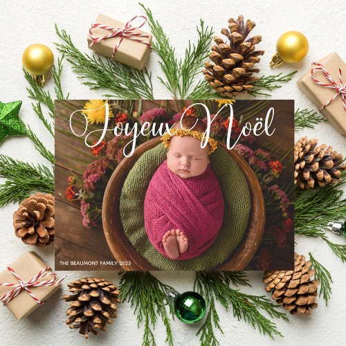Joyeux Nol White Script Baby Photo Christmas Holiday Card