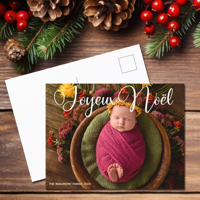 Joyeux Noël White Script Chic Photo Christmas Holiday Postcard (Creator Uploaded)