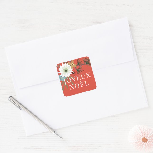 Joyeux Noël Winter Flowers Christmas Square Sticker (Envelope)