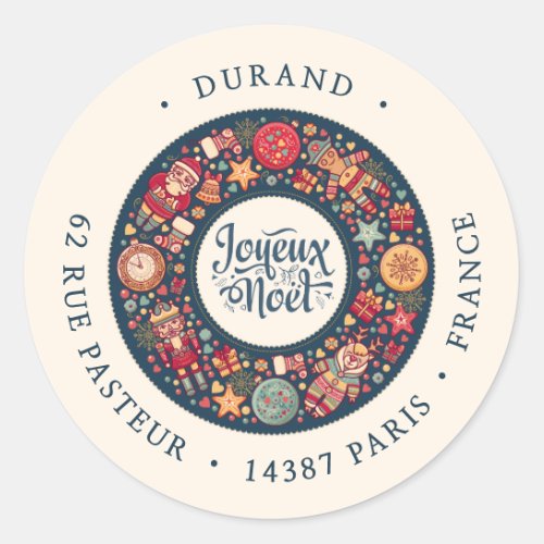 Joyeux Noel Wreath French Blue Return Address Classic Round Sticker