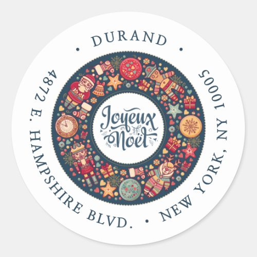 Joyeux Noel Wreath Return Address Classic Round Sticker