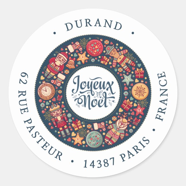 Joyeux Noel Wreath Return Address Classic Round Sticker (Front)