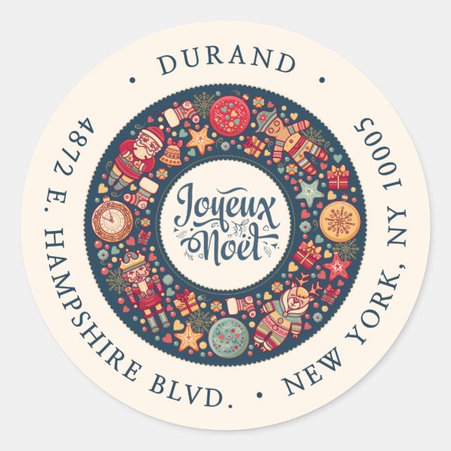Joyeux Noel Wreath USA Blue Return Address Label (Front)
