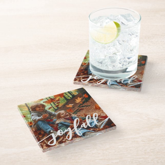 Joyfall Autumn Fall Leaves Custom Photo Glass Coaster (Angled)