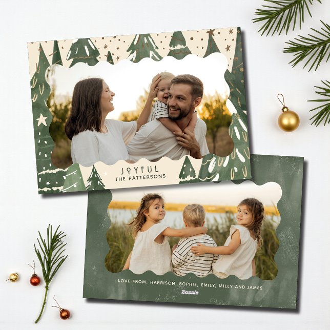 Joyful 2 Photo Family Winter Christmas Trees Holiday Card (Creator Uploaded)